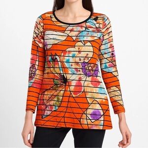 Erin London Women’s Long Sleeve Silky Stretchy Abstract Top Small Ruffled Cute!